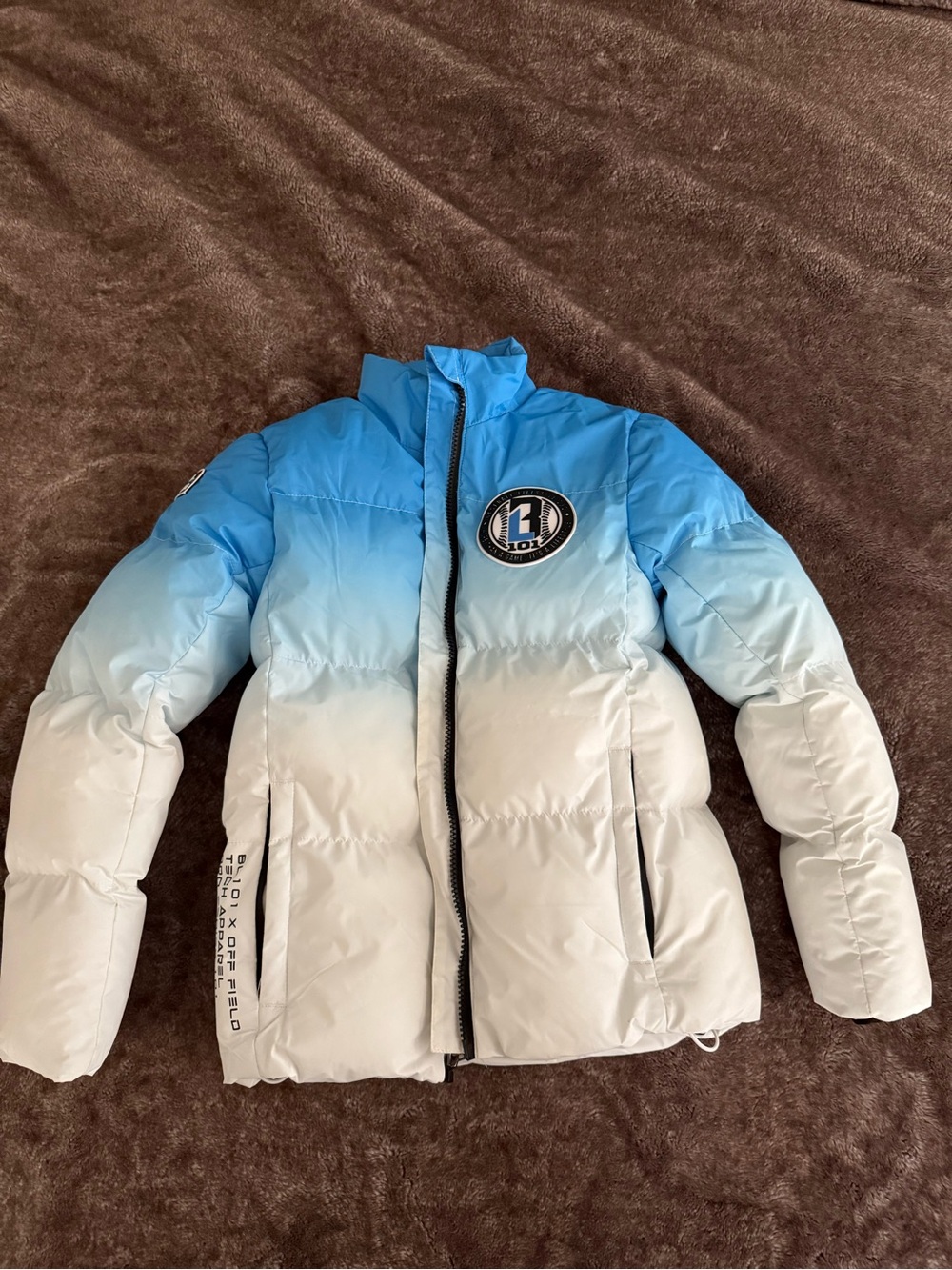 Blue to White Ombre Puffer Jacket with Patch Logo